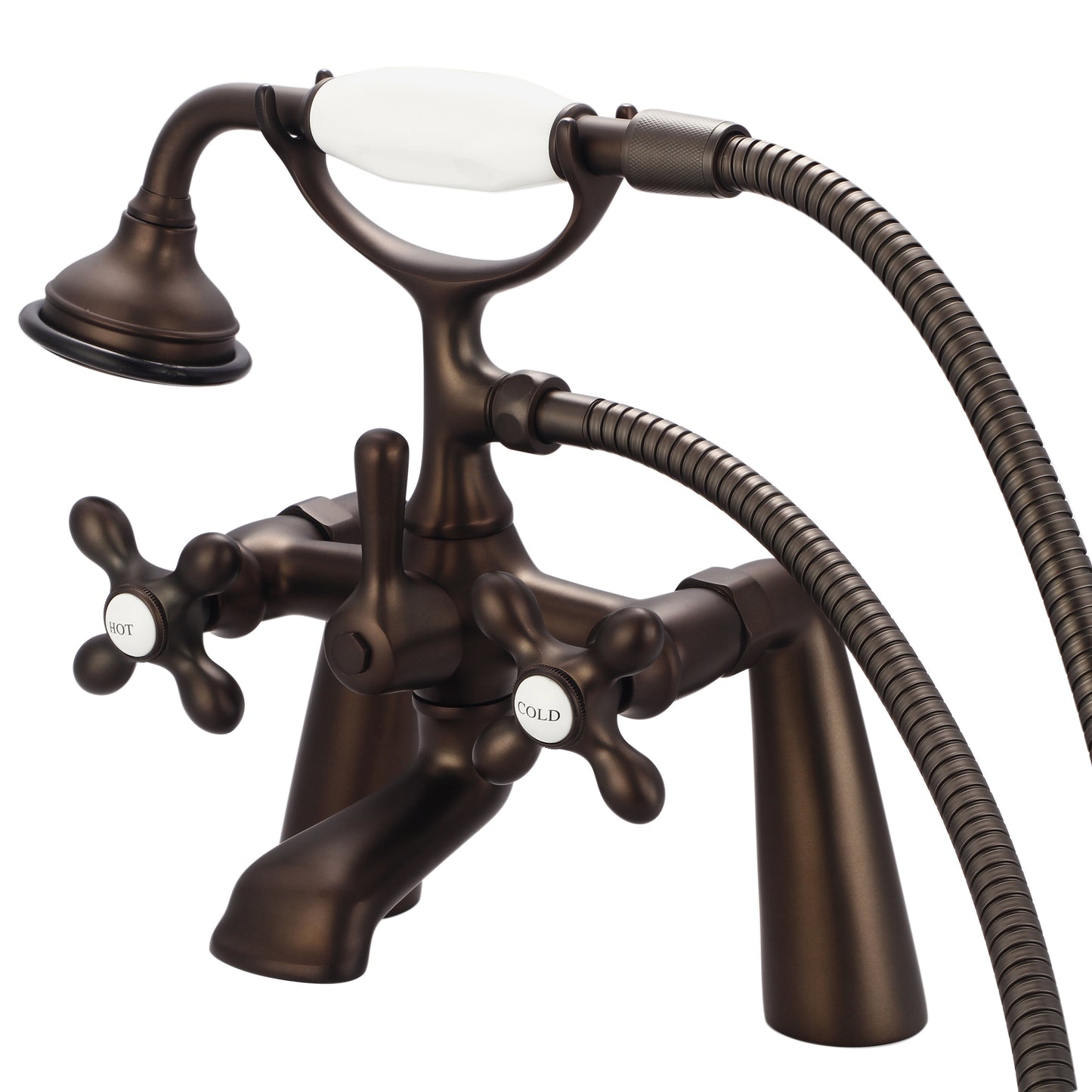 Vintage Classic 7" Spread Deck Mount Tub Faucet With Handheld Shower in Oil Rubbed Bronze Finish, With Metal Lever Handles, Hot And Cold Labels Included