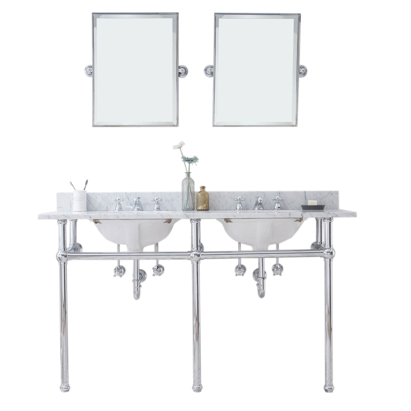 EMBASSY 60"W x 34"H  Double Washstand , P-Trap, Countertop with Sink, F2-0009 Faucet and Mirror included, in Chrome Finish