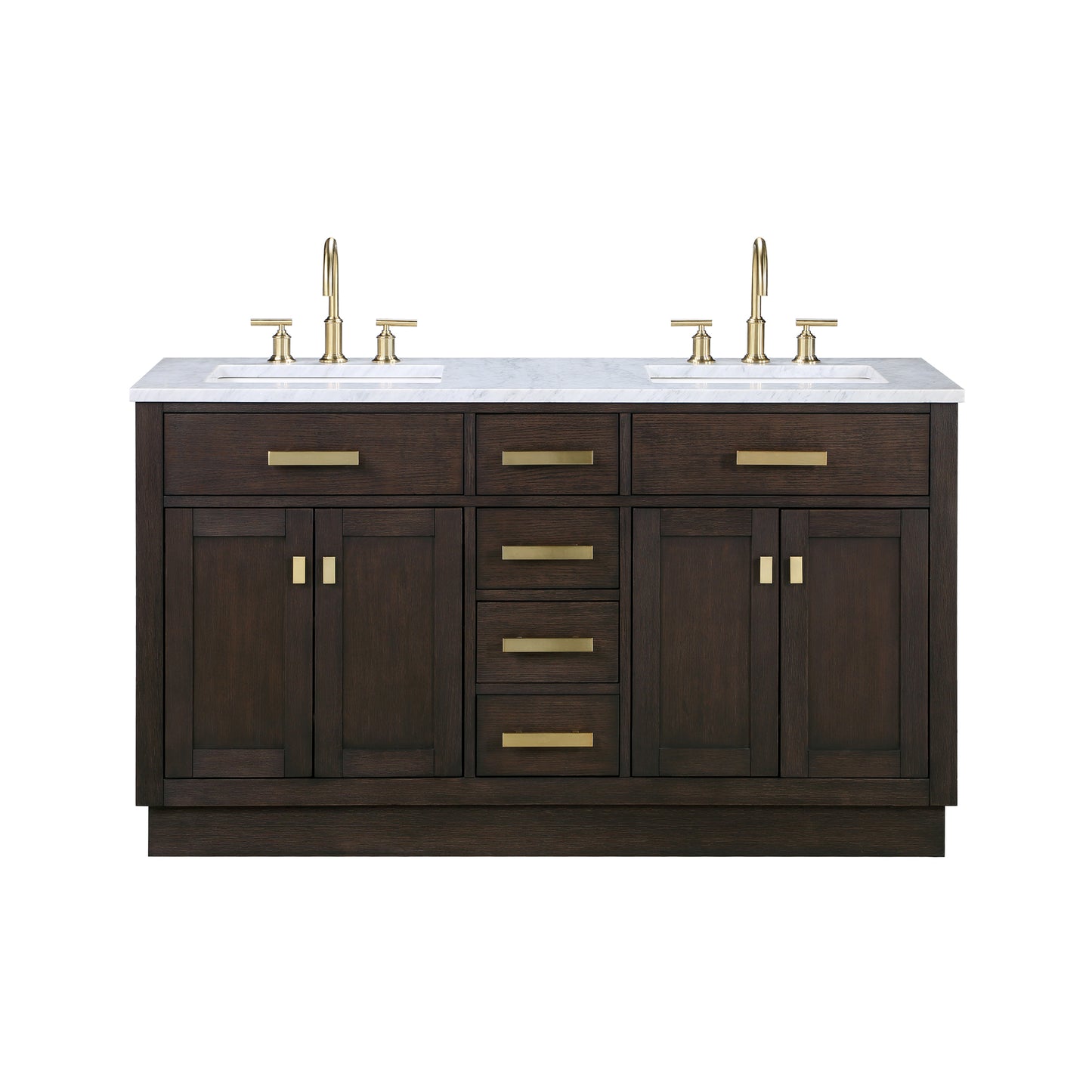 CHESTNUT 60"W x 34.2"H Brown Oak Double-Sink Vanity with Carrara White Marble Countertop + Faucets