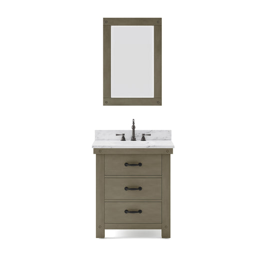 ABERDEEN 30"W x 34"H Grizzle Gray Single-Sink Vanity with Carrara White Marble Countertop + Faucet & Mirror