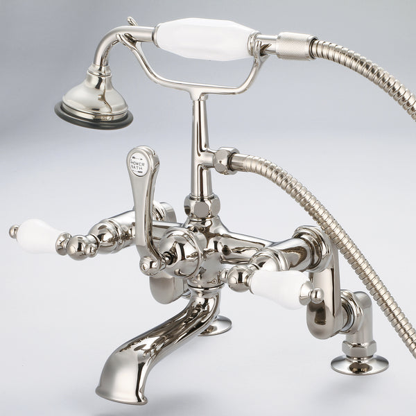 Vintage Classic Adjustable Center Deck Mount Tub Faucet With Handheld Shower in Polished Nickel Finish, With Porcelain Lever Handles Without labels