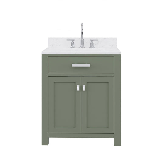 MADISON 30"W x 34"H Glacial Green Single-Sink Vanity with Carrara White Marble Countertop + Gooseneck Faucet