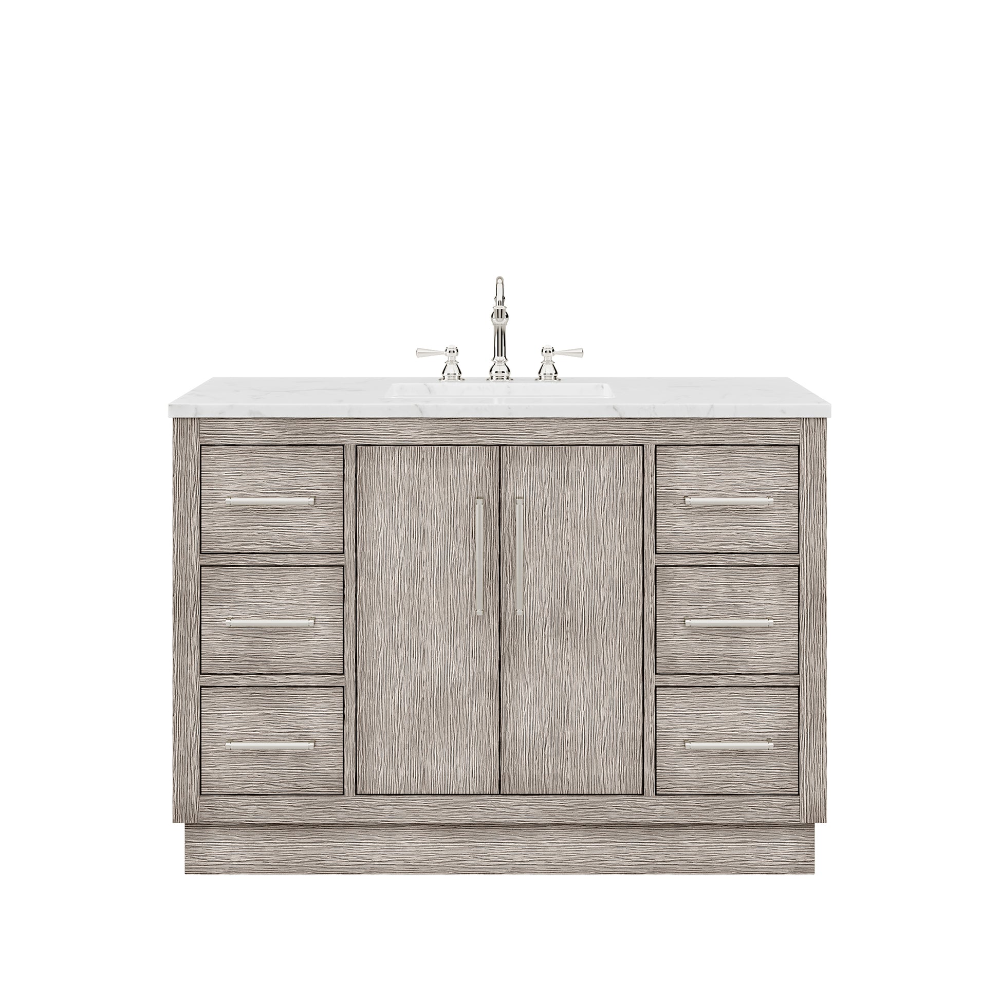 HUGO 48"W x 34.3"H Gray Oak Single-Sink Vanity with Carrara White Marble Countertop + Hook Faucet