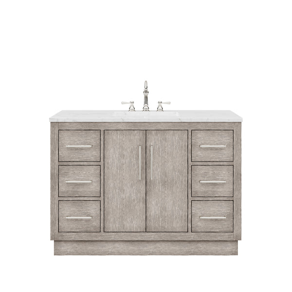 HUGO 48W x 34.3H Gray Oak Single-Sink Vanity with Carrara White Marble Countertop + Hook Faucet