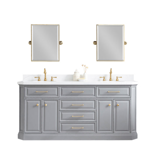 PALACE 72"W x 34"H Cashmere Gray Vanity with Carrara Quartz Countertop + Mirrors, Satin Gold Finish Hardware & Chrome Finish Mirror (B)