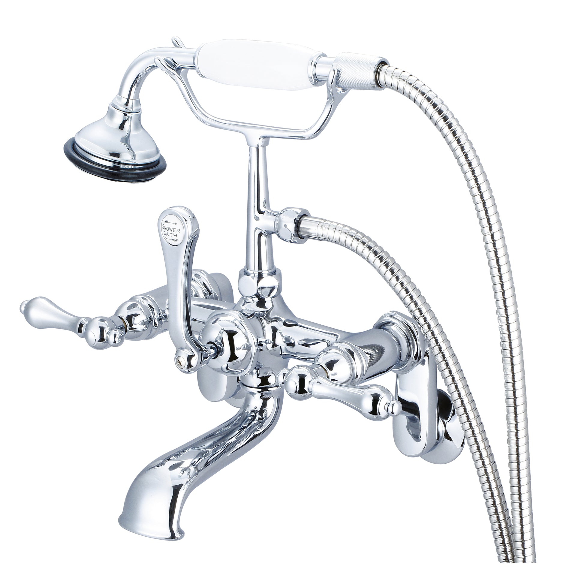 Vintage Classic Adjustable Center Wall Mount Tub Faucet With Swivel Wall Connector & Handheld Shower in Chrome Finish, With Metal Lever Handles Without Labels