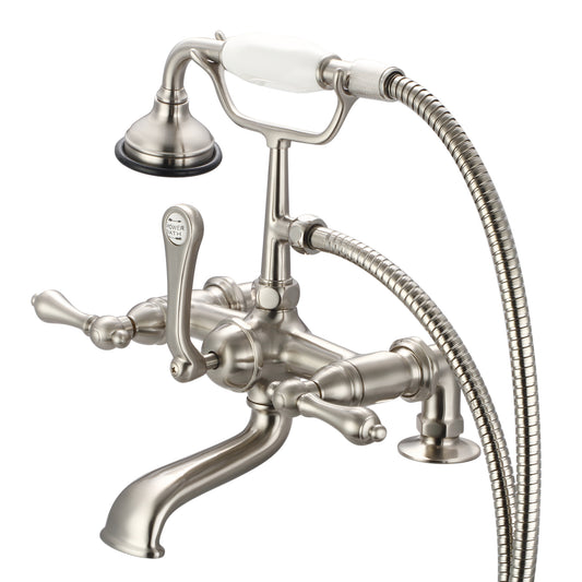 Vintage Classic 7" Spread Deck Mount Tub Faucet With 2" Risers & Handheld Shower in Brushed Nickel Finish, With Metal Lever Handles Without Labels