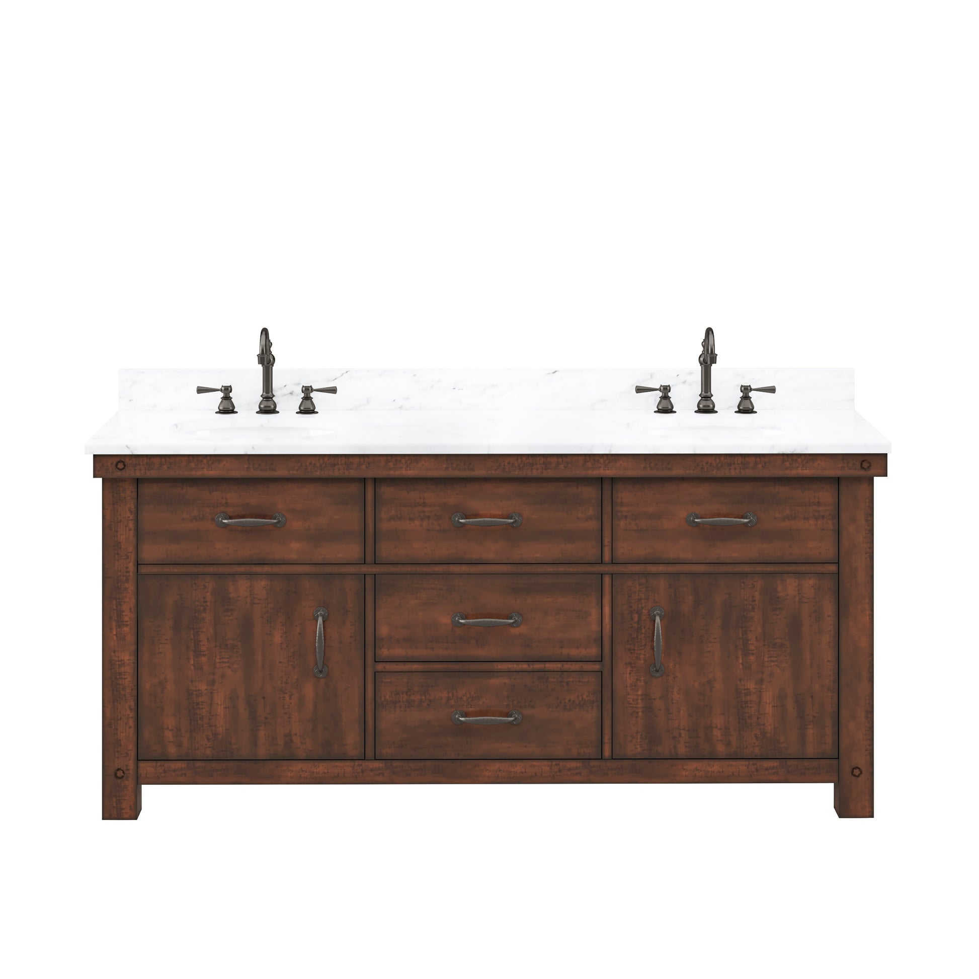 ABERDEEN 72"W x 34"H Sierra Rustic Double-Sink Vanity with Carrara White Marble Countertop + Hook Faucets