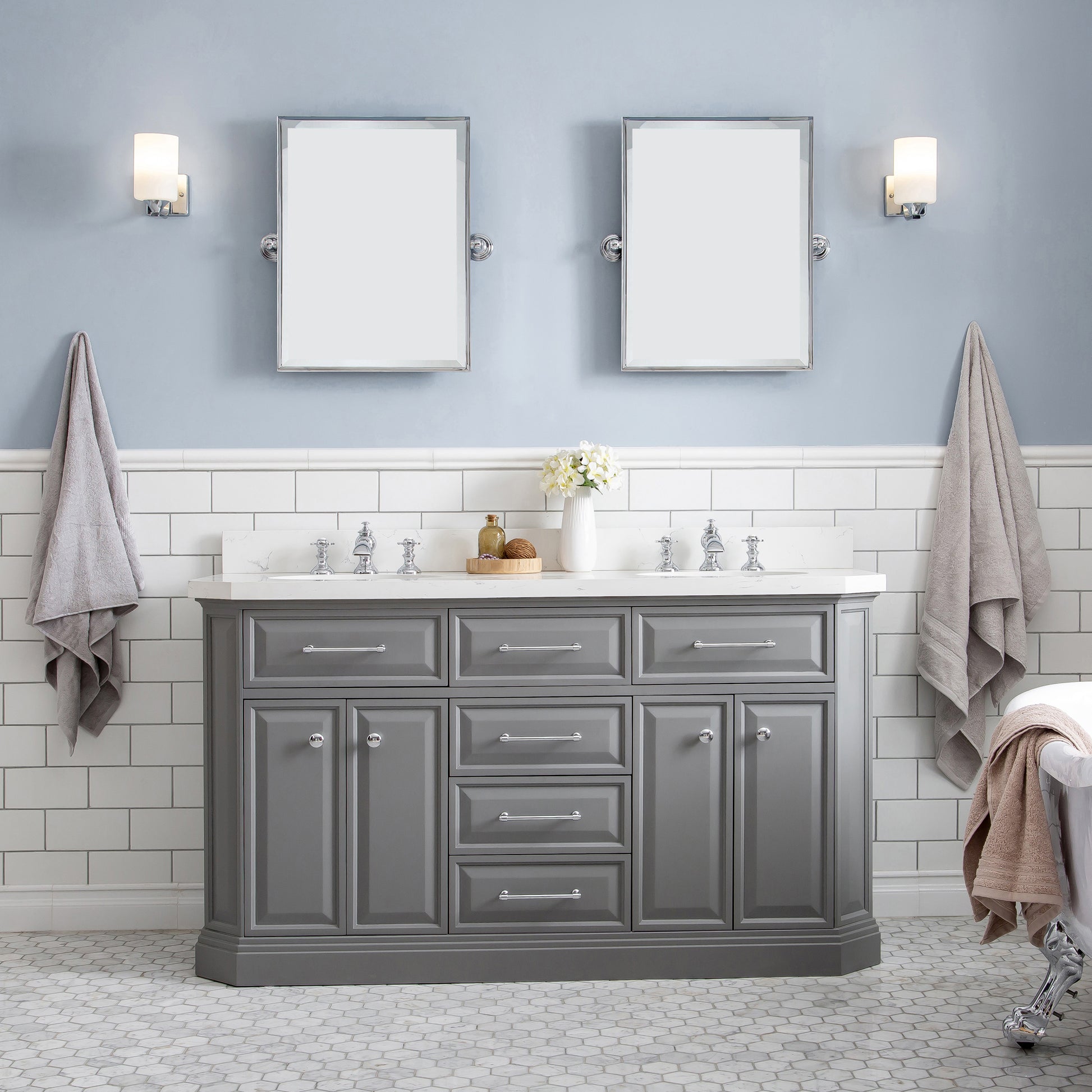 PALACE 60"W x 34"H Cashmere Gray Vanity with Carrara Quartz Countertop + Faucets (F2-0013), Chrome Finish Hardware