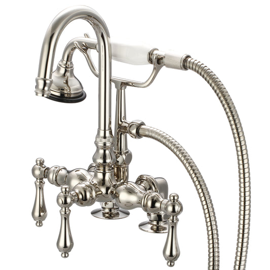 Vintage Classic 3.375" Center Deck Mount Tub Faucet With Gooseneck Spout, 2" Risers & Handheld Shower in Polished Nickel Finish, With Metal Lever Handles Without Labels