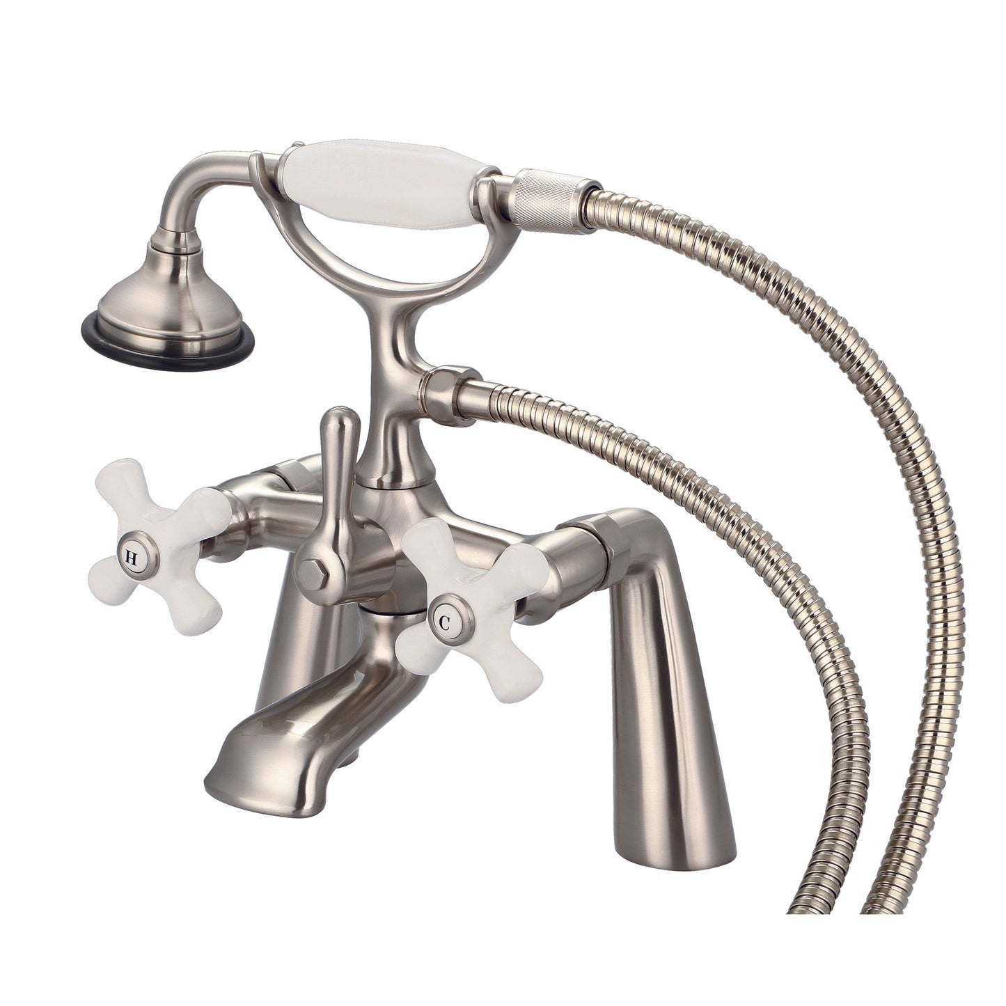 Vintage Classic 7" Spread Deck Mount Tub Faucet With Handheld Shower in Brushed Nickel Finish, With Porcelain Cross Handles, Hot And Cold Labels Included