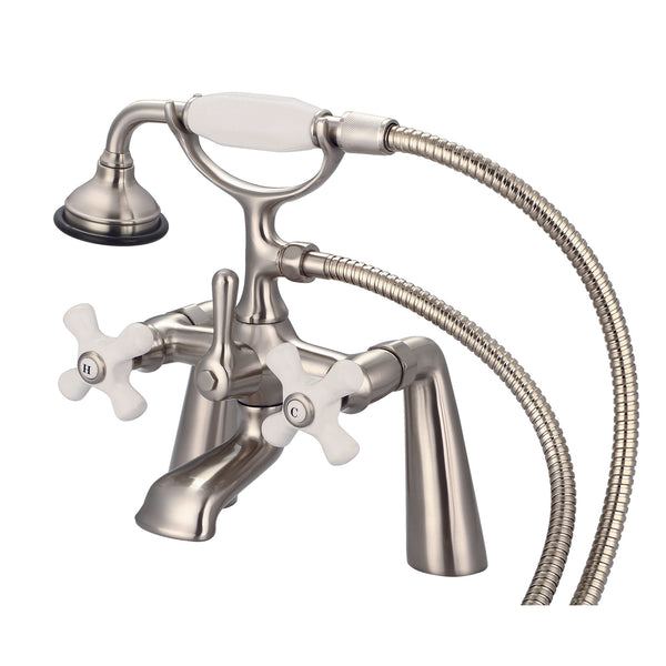 Vintage Classic 7 Spread Deck Mount Tub Faucet With Handheld Shower in Brushed Nickel Finish, With Porcelain Cross Handles, Hot And Cold Labels Included