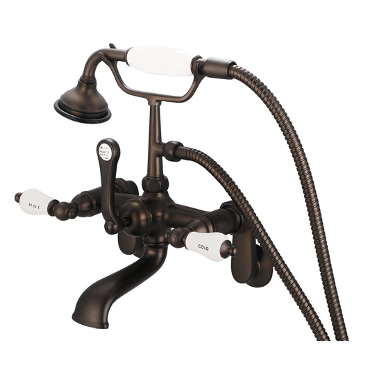 Vintage Classic Adjustable Center Wall Mount Tub Faucet With Swivel Wall Connector & Handheld Shower in Oil Rubbed Bronze Finish, With Porcelain Lever Handles, Hot And Cold Labels Included