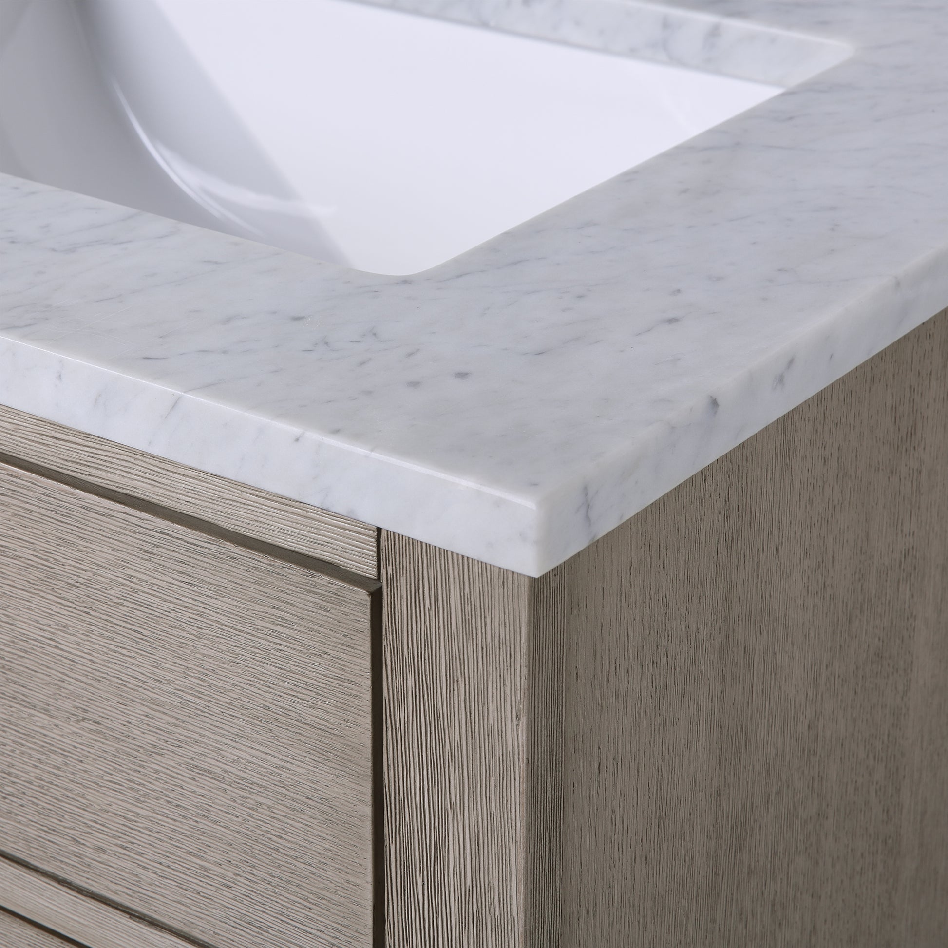 CHESTNUT 60"W x 34.2"H Gray Oak Double-Sink Vanity with Carrara White Marble Countertop + Faucets