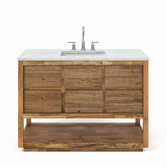 OAKMAN 48"W x 34.3"H Mango Wood Single-Sink Vanity with Carrara White Marble Countertop + Chrome Faucet