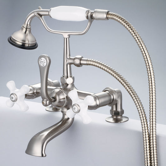 Vintage Classic 7" Spread Deck Mount Tub Faucet With 2" Risers & Handheld Shower in Brushed Nickel Finish, With Porcelain Cross Handles, Hot And Cold Labels Included