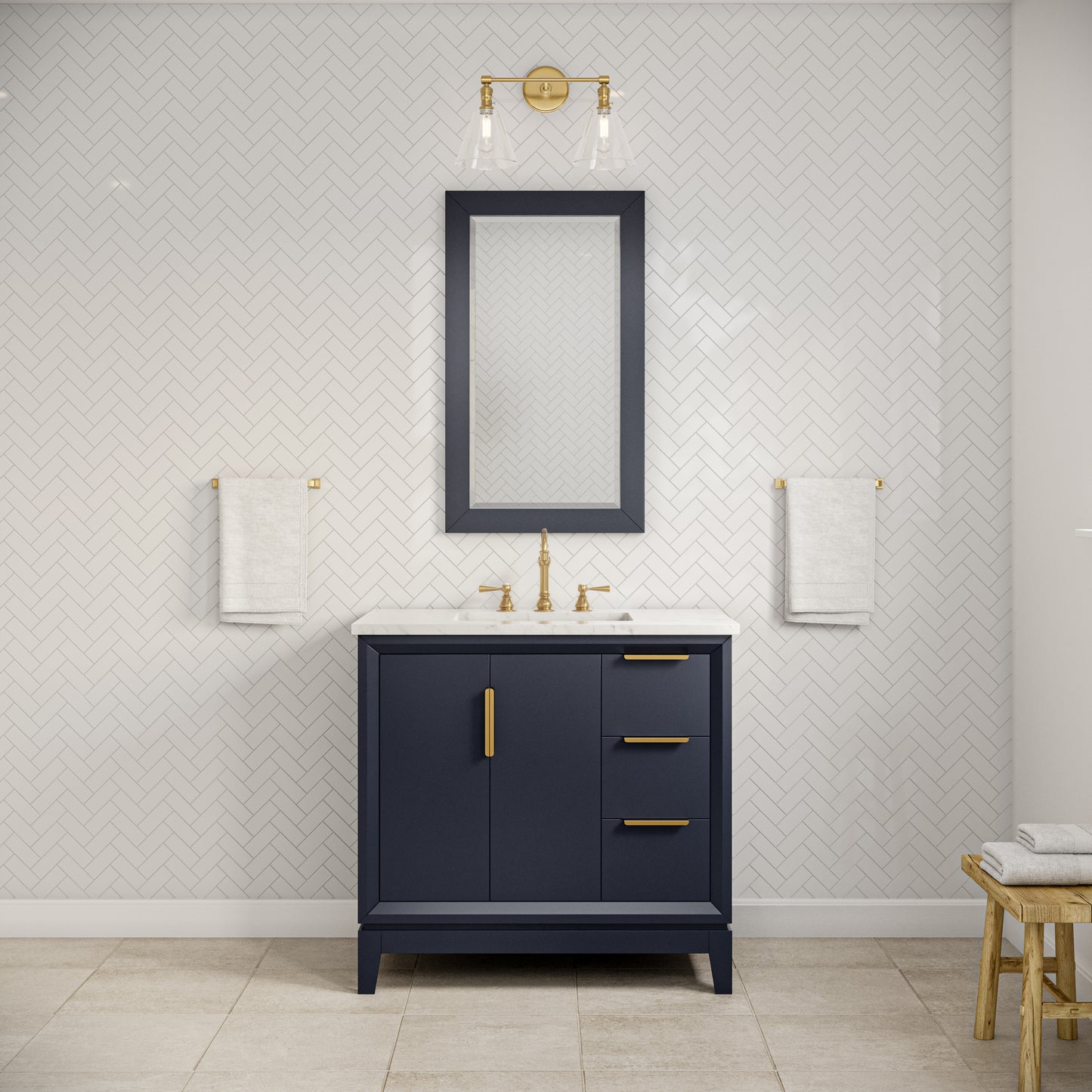 ELIZABETH 36"W x 34.25"H Monarch Blue Single-Sink Vanity with Carrara White Marble Countertop + Mirror