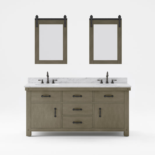 ABERDEEN 72"W x 34"H Grizzle Gray Double-Sink Vanity with Carrara White Marble Countertop + Hook Faucets and Mirrors