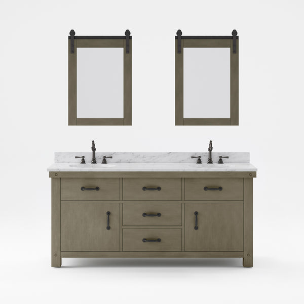 ABERDEEN 72W x 34H Grizzle Gray Double-Sink Vanity with Carrara White Marble Countertop + Hook Faucets and Mirrors