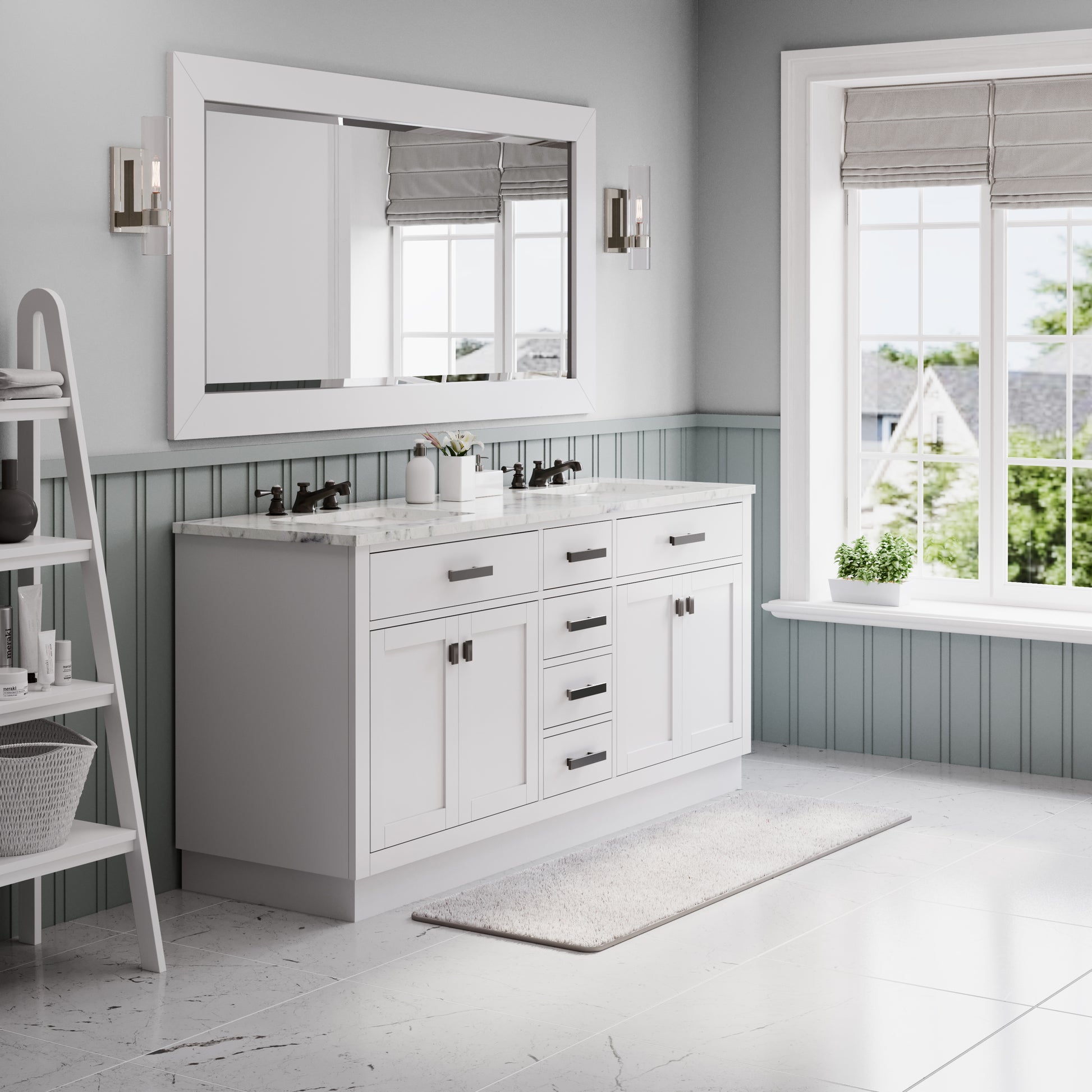 HARTFORD 72"W x 34"H Pure White Double-Sink Vanity with Carrara White Marble Countertop + Rectangular Mirror (L)