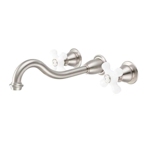 Elegant Spout Wall Mount Vessel/Bathroom Faucets in Brushed Nickel Finish, With Porcelain Cross Handles, Hot And Cold Labels Included