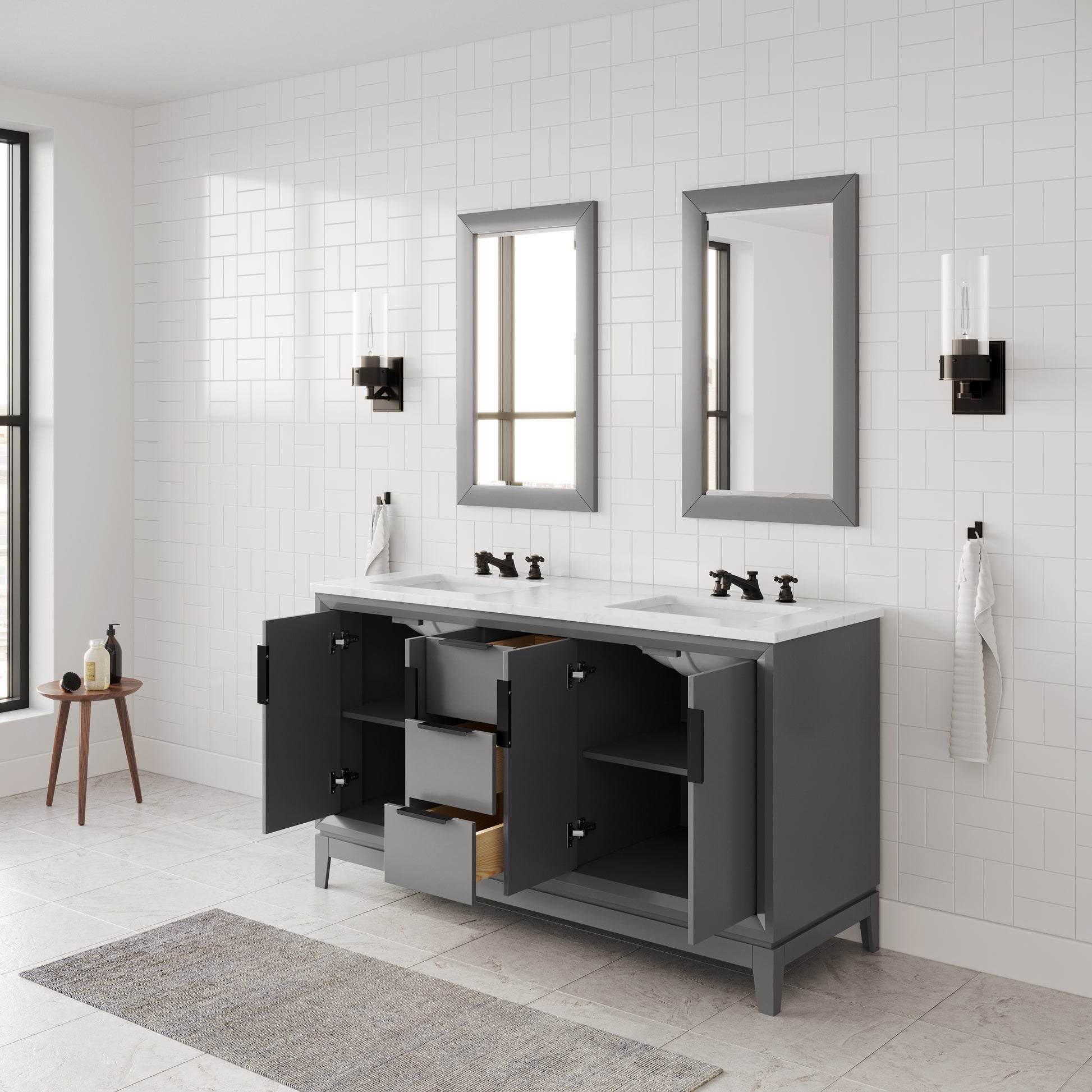 ELIZABETH 60"W x 34.25"H Cashmere Gray Double-Sink Vanity with Carrara White Marble Countertop + Faucets & Mirror (F2-0009-03-BX)