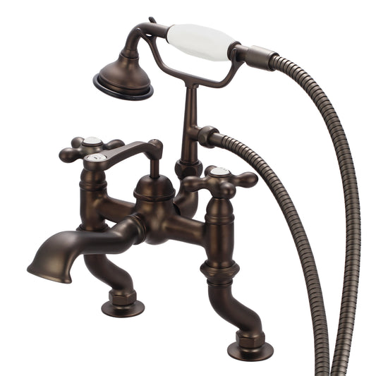 Vintage Classic Adjustable Center Deck Mount Tub Faucet With Handheld Shower in Oil Rubbed Bronze Finish, With Metal Lever Handles, Hot And Cold Labels Included