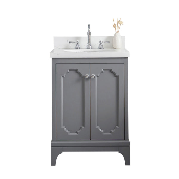 QUEEN 24W x 34H Cashmere Gray Single-Sink Vanity with Carrara Quartz Countertop + Faucets (F2-0012-01-TL)