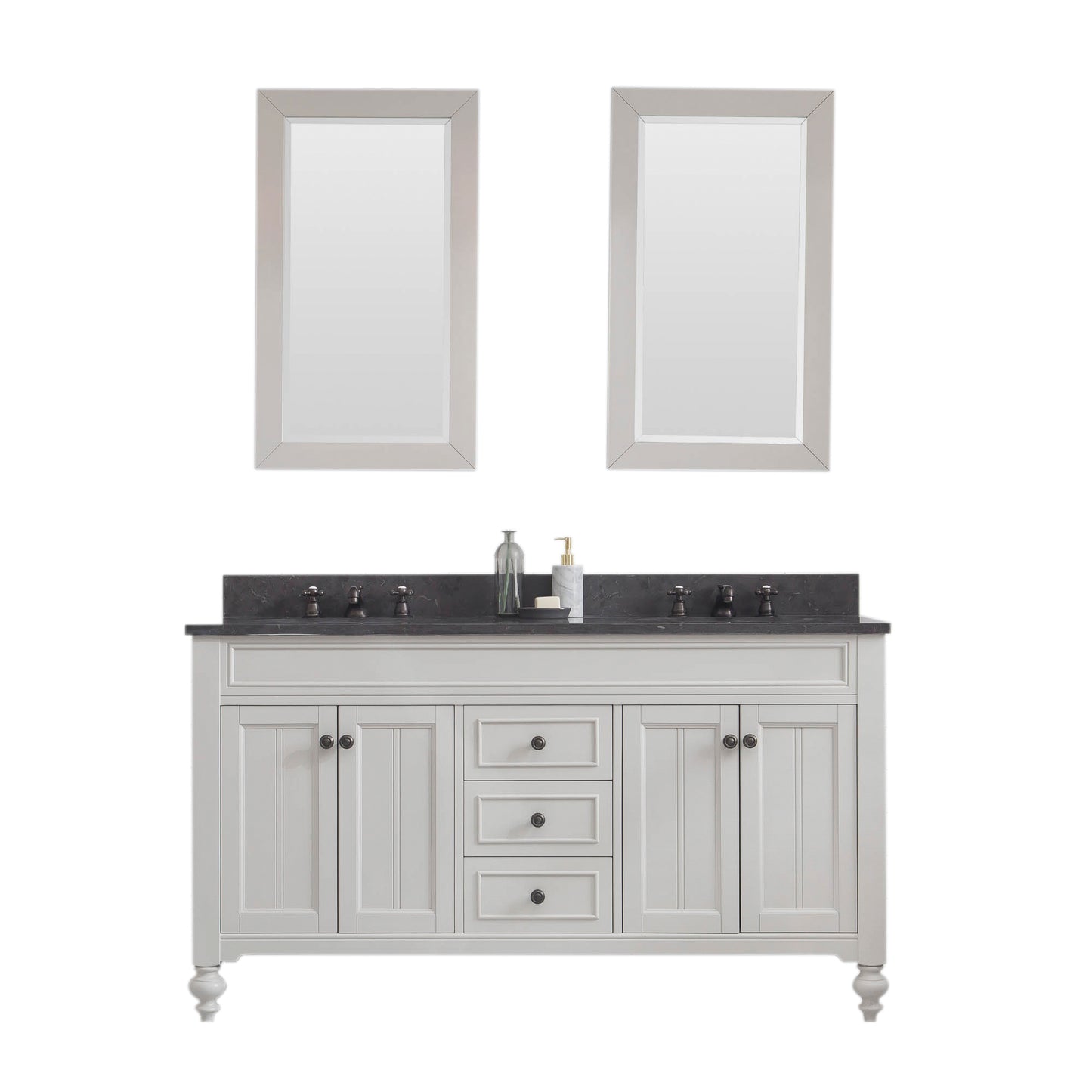 POTENZA 60"W x 34"H Earl Gray Vanity with Blue Limestone Countertop + Faucets A & Mirror