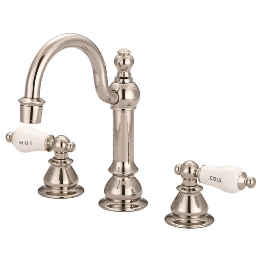 American 20th Century Classic Widespread Bathroom F2-0012 Faucets With Pop-Up Drain in Polished Nickel Finish, With Porcelain Lever Handles, Hot And Cold Labels Included