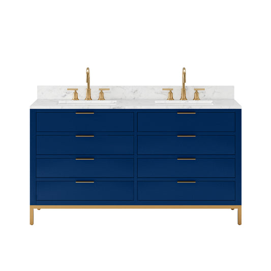 BRISTOL 60"W x 34"H Monarch Blue Double-Sink Vanity with Carrara White Marble Countertop + Satin Gold Gooseneck Faucets