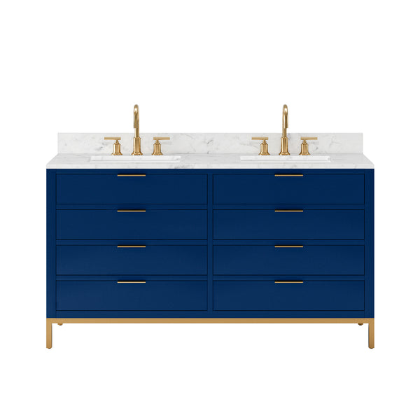 BRISTOL 60W x 34H Monarch Blue Double-Sink Vanity with Carrara White Marble Countertop + Satin Gold Gooseneck Faucets