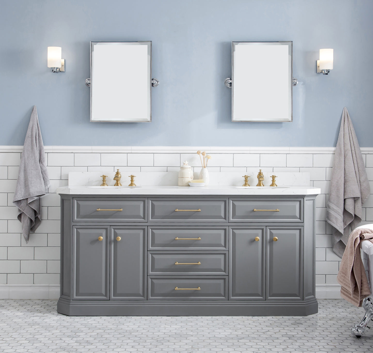 PALACE 72"W x 34"H Cashmere Gray Vanity with Carrara Quartz Countertop + Faucets & Mirrors (F2-0013), Satin Gold Finish Hardware & Chrome Finish Mirror (A)