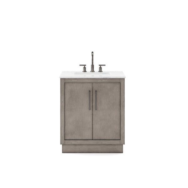 HUGO 30W x 34.3H Gray Oak Single-Sink Vanity with Carrara White Marble Countertop + Gooseneck Faucet