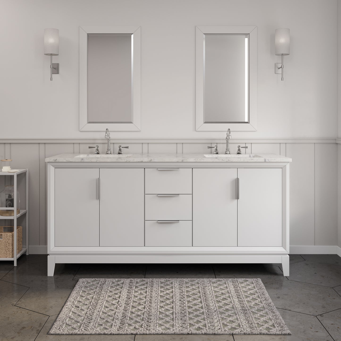 ELIZABETH 72"W x 34.25"H Pure White Double-Sink Vanity with Carrara White Marble Countertop + Faucets & Mirror (F2-0012-01-TL)