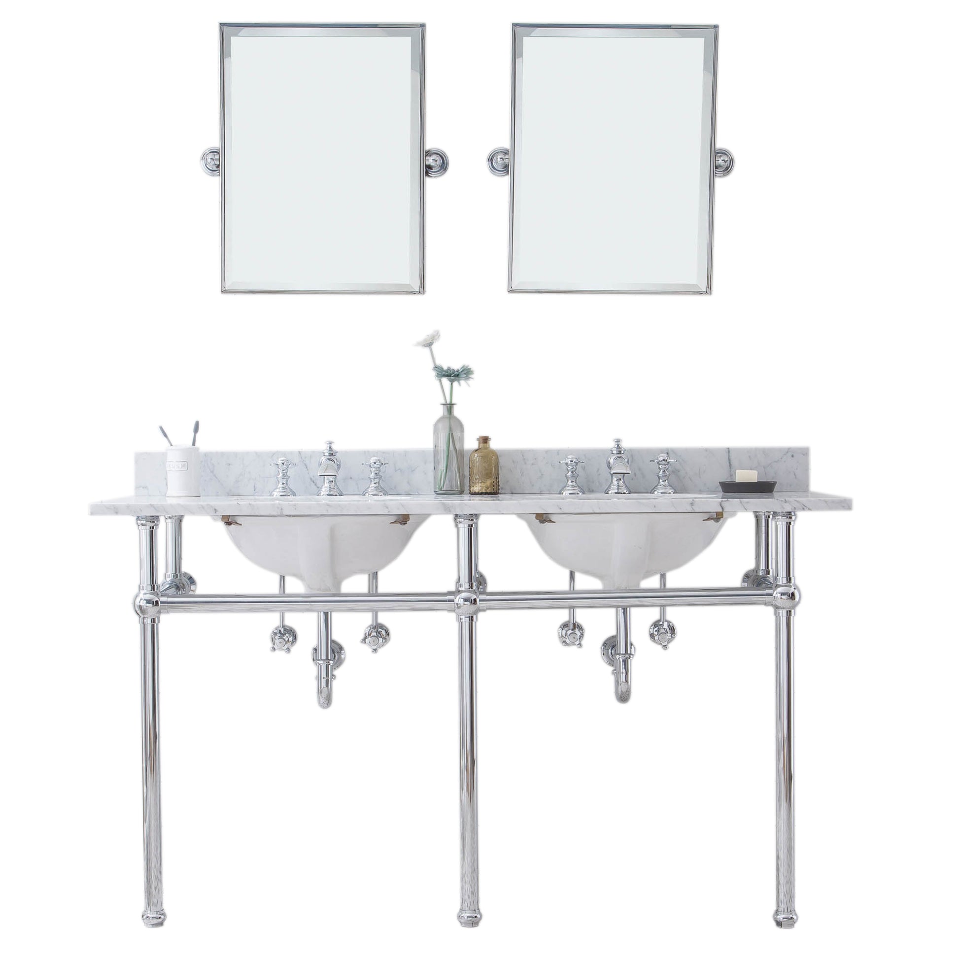 EMBASSY 60"W x 34"H  Double Washstand , P-Trap, Countertop with Sink, F2-0013 Faucet and Mirror included, in Chrome Finish