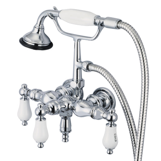 Vintage Classic 3.375" Center Wall Mount Tub Faucet With Down Spout, Straight Wall Connector & Handheld Shower in Chrome Finish, With Porcelain Lever Handles, Hot And Cold Labels Included