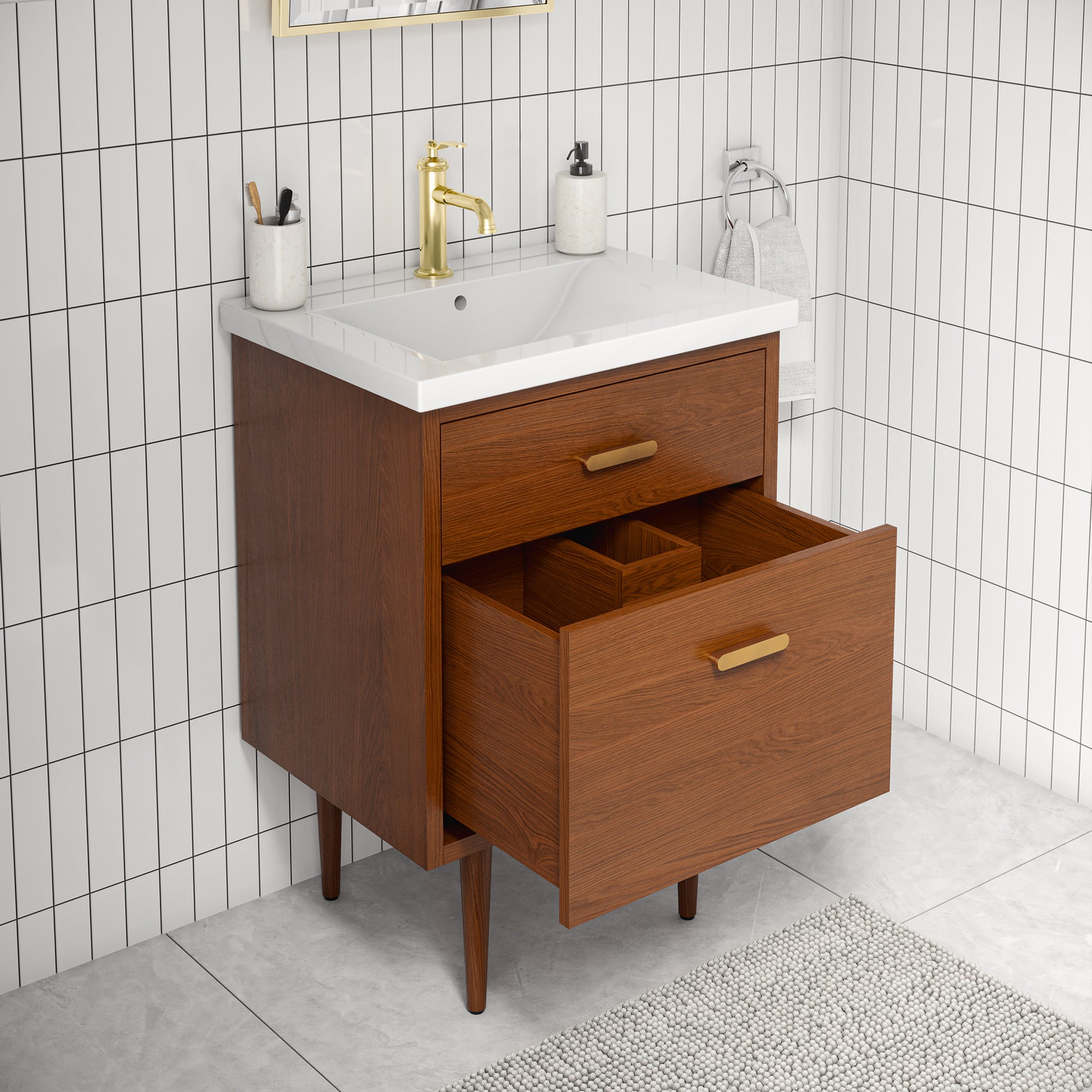 BRANDY 24.5"W x 34.7"H Honey Walnut Integrated Ceramic Sink Vanity + Satin Gold Single Faucet