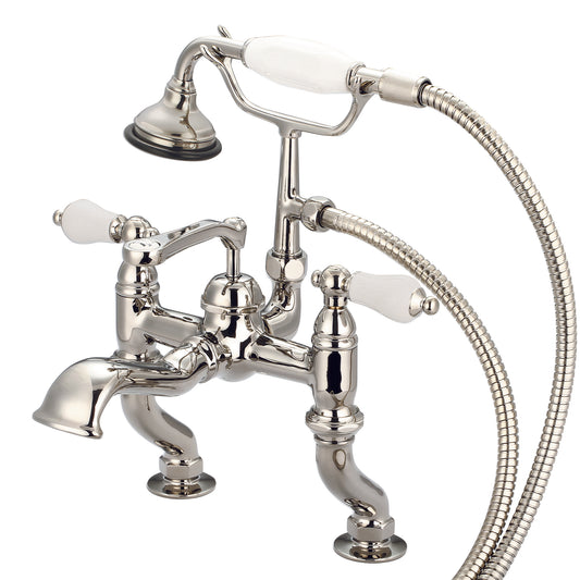 Vintage Classic Adjustable Center Deck Mount Tub Faucet With Handheld Shower in Polished Nickel Finish, With Porcelain Lever Handles Without labels