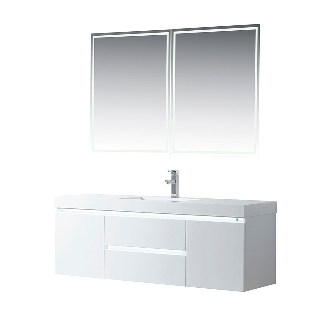 60 Inch LED Lighted Wall Hung Single Sink Bathroom Vanity in White with Resin Top - Vanity Art VA6060WL