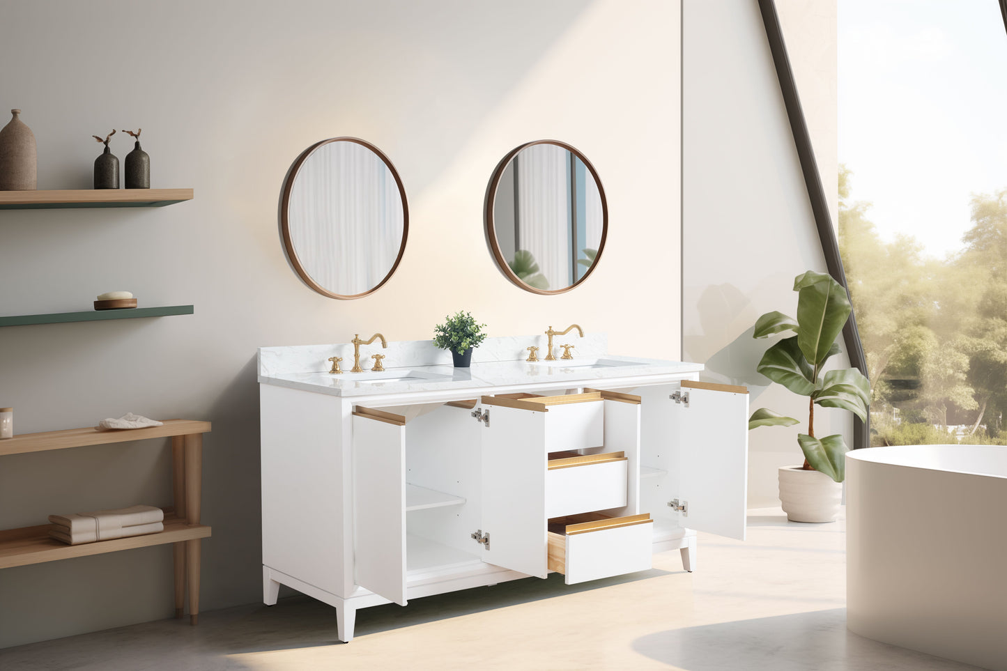 72 Inch Double Sink Bathroom Vanity in White with Marble Countertop - Vanity Art VA8072-DW