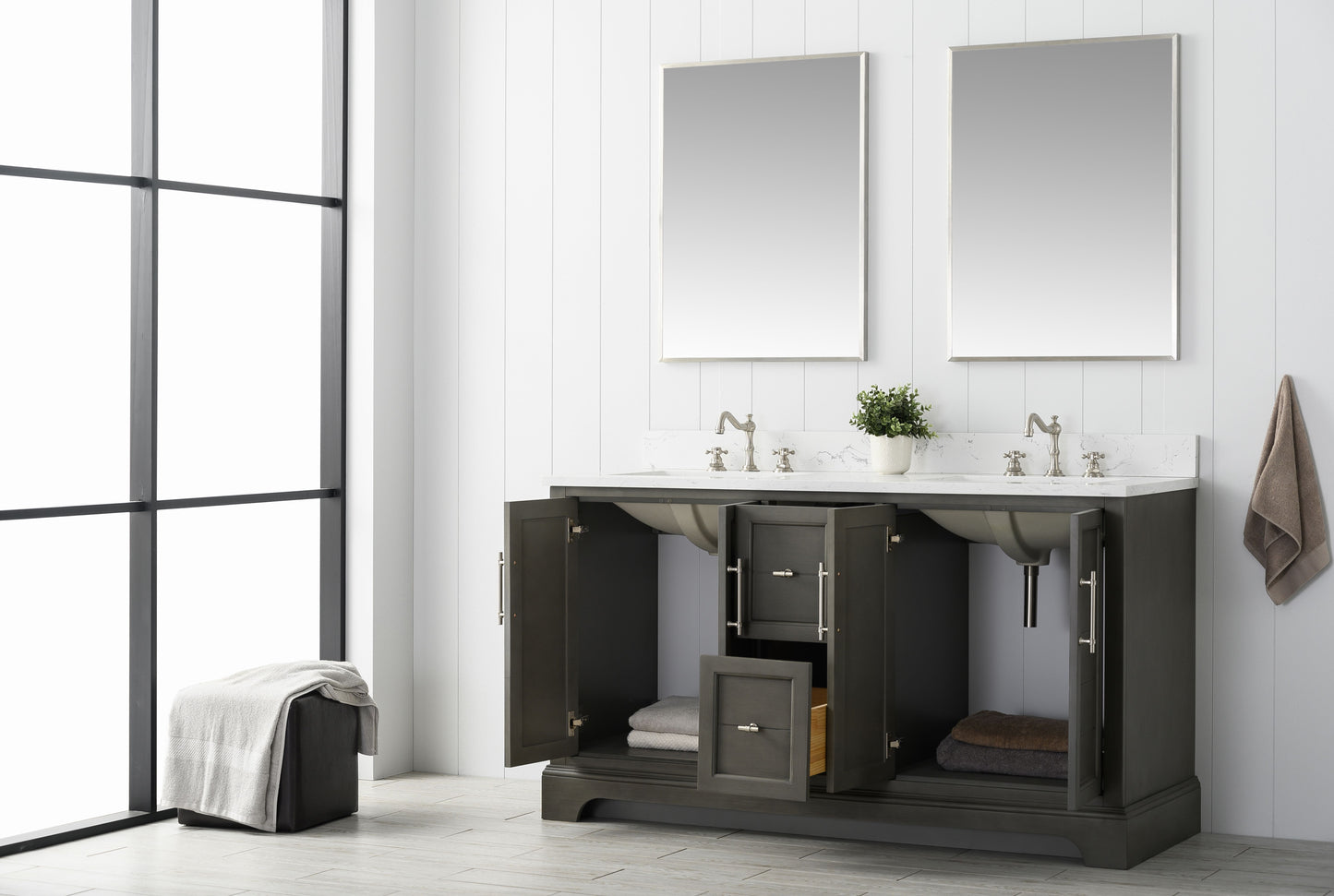 60 Inch Double Sink Bathroom Vanity in Gray with Marble Countertop & Backsplash - Vanity Art VA5060-DSG