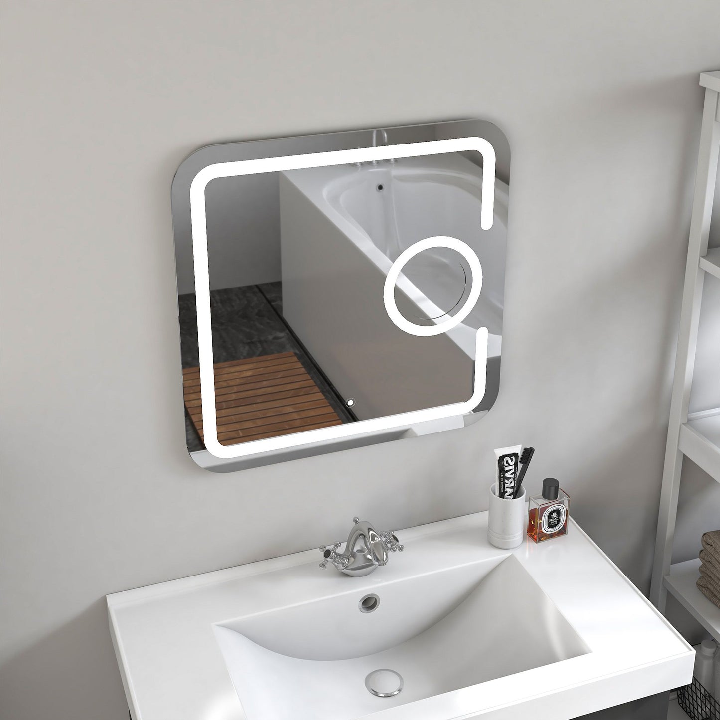 Square 31.5 Inch x 31.5 Inch LED Mirror with Touch Sensor and 3X Magnifier - Vanity Art VA23