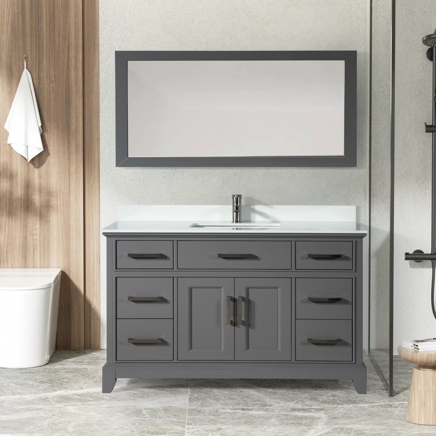 60 Inch Single Sink Bathroom Vanity in Gray with White Marble Countertop - Vanity Art VA1060SG