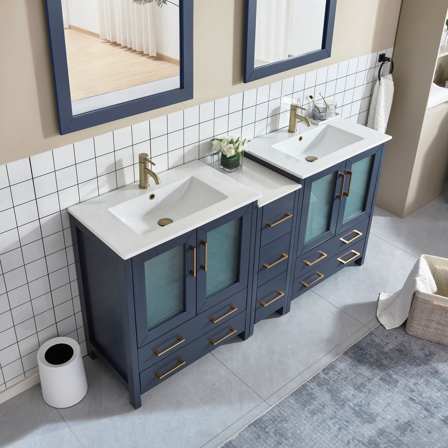 72 Inch Double Sink Bathroom Vanity in Blue with Ceramic Countertop - Vanity Art VA3030-72B