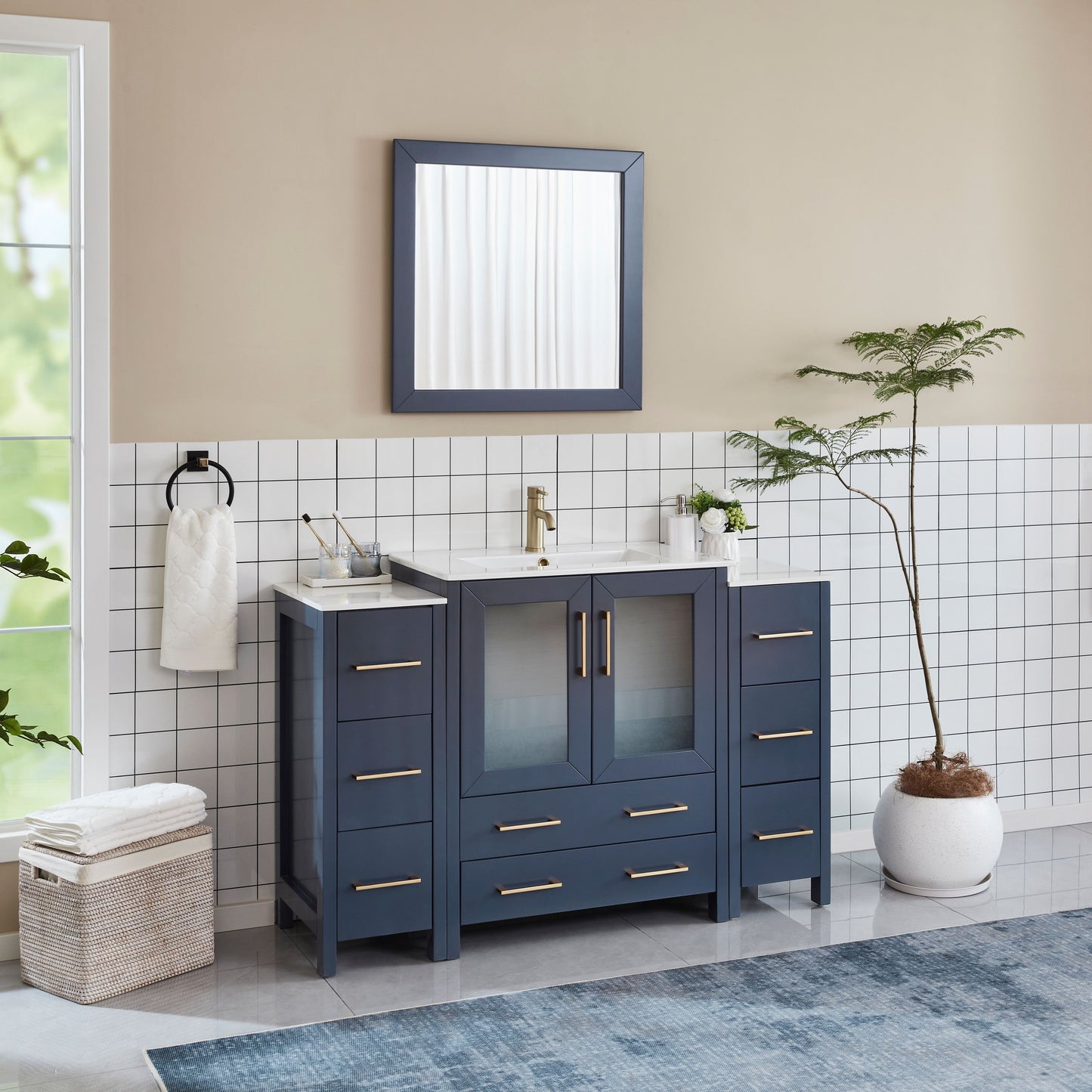 54 Inch Single Sink Bathroom Vanity in Blue with Ceramic Countertop - Vanity Art VA3030-54B