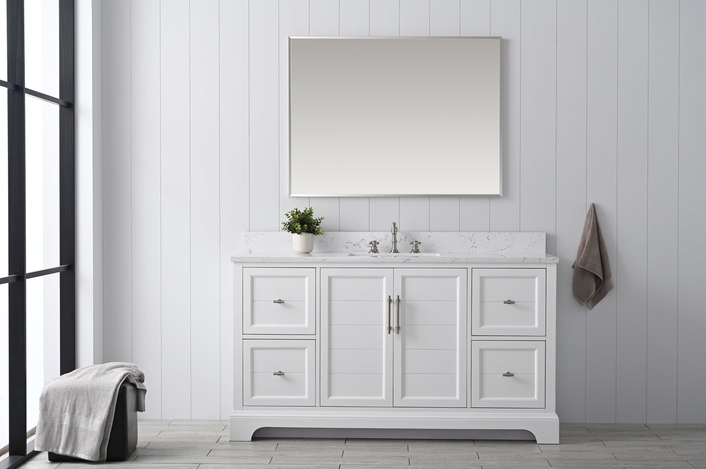 60 Inch Single Sink Bathroom Vanity in White with Marble Countertop & Backsplash - Vanity Art VA5060-SW