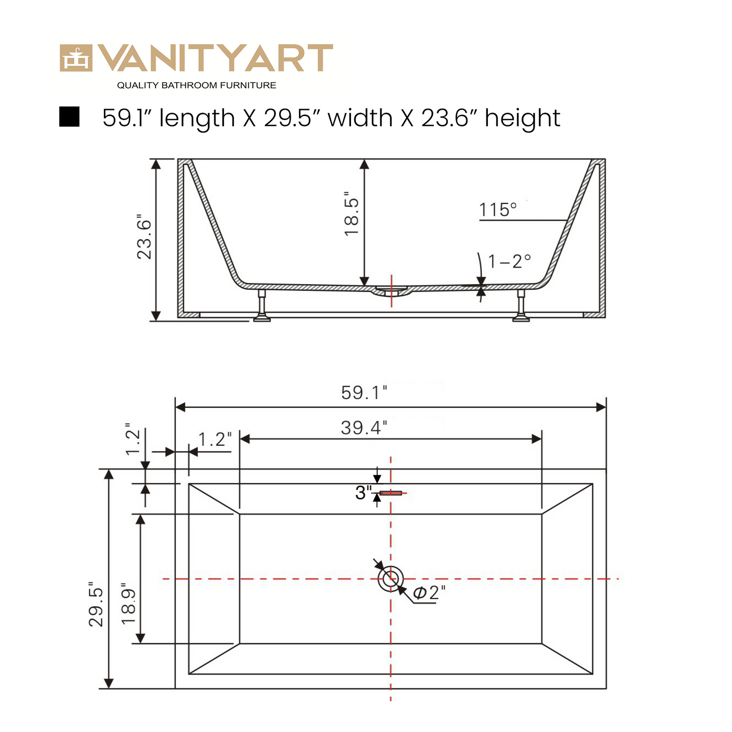 59 Inch Freestanding White Acrylic Bathtub with Overflow And Pop-Up Drain - Vanity Art VA6813B-S-MB