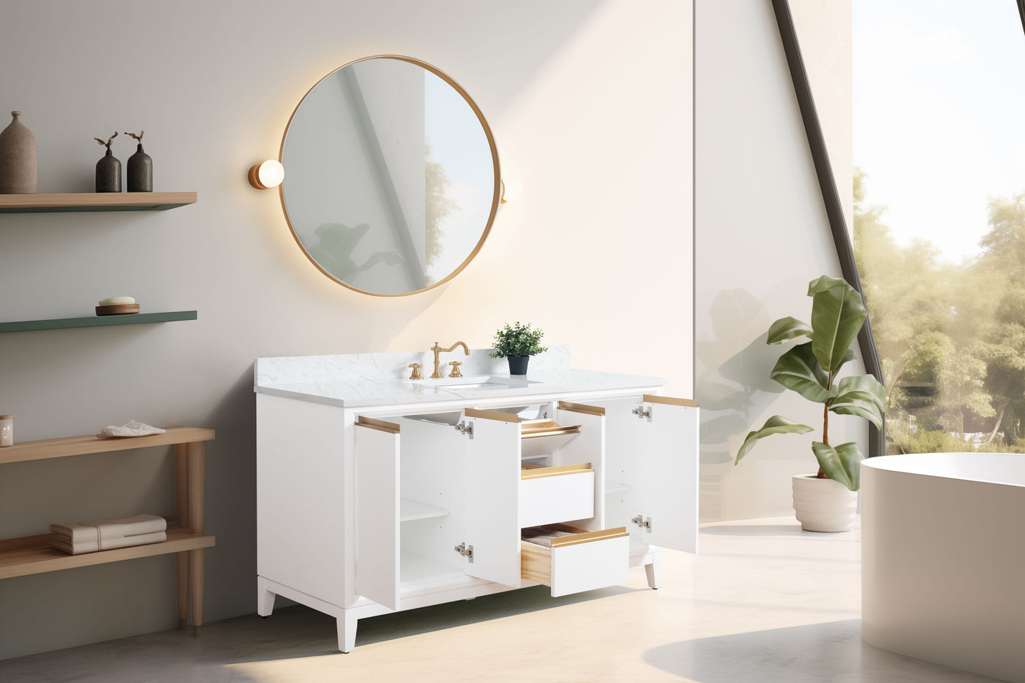 60 Inch Single Sink Bathroom Vanity in White with Marble Countertop - Vanity Art VA8060-SW