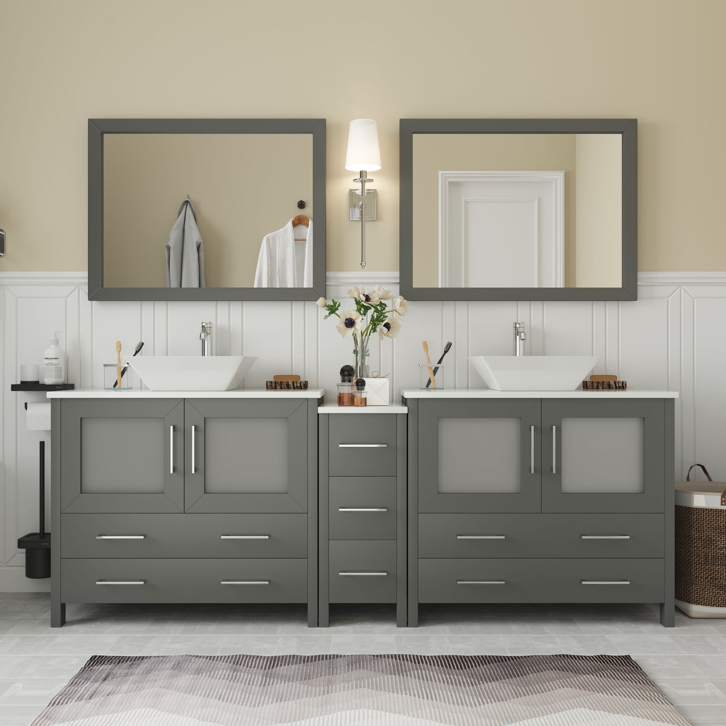 84 Inch Double Sink Bathroom Vanity in Gray with Marble Countertop - Vanity Art VA3136-84G